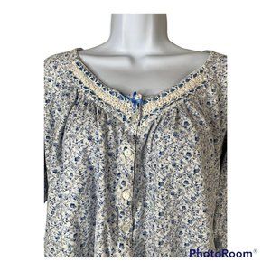 ARIA Blue & White Womens Large 100% Cotton Flannel Pajamas Floral Crop! Pockets!